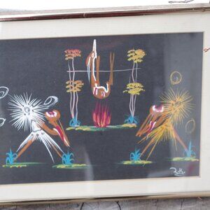 Mid Century African Folk Art Gouache Painting